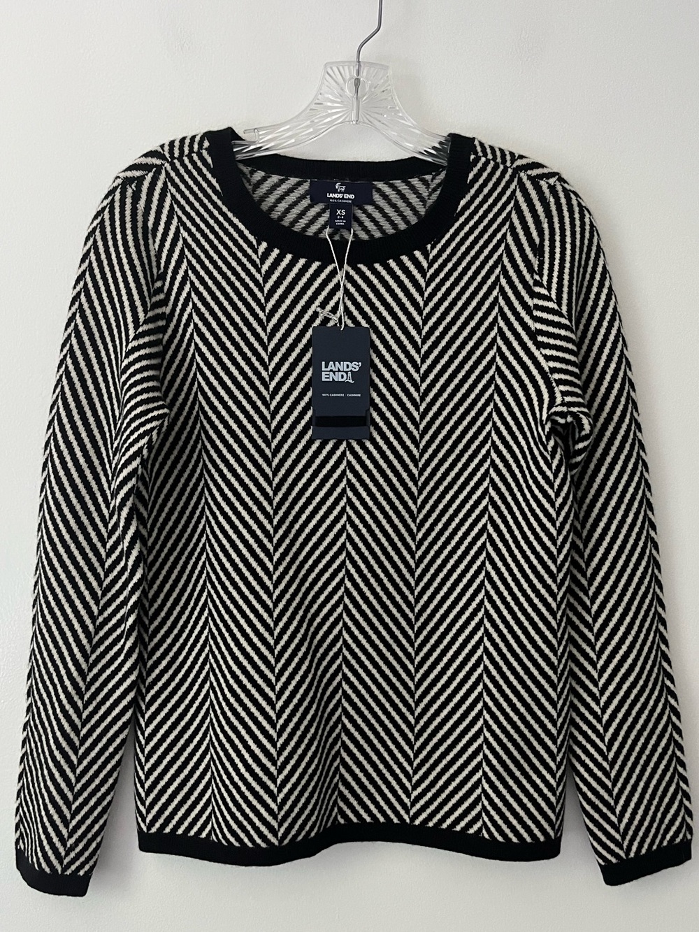 Lands End 100% Cashmere Black White Stripe Herringbone Crew Neck Sweater XS